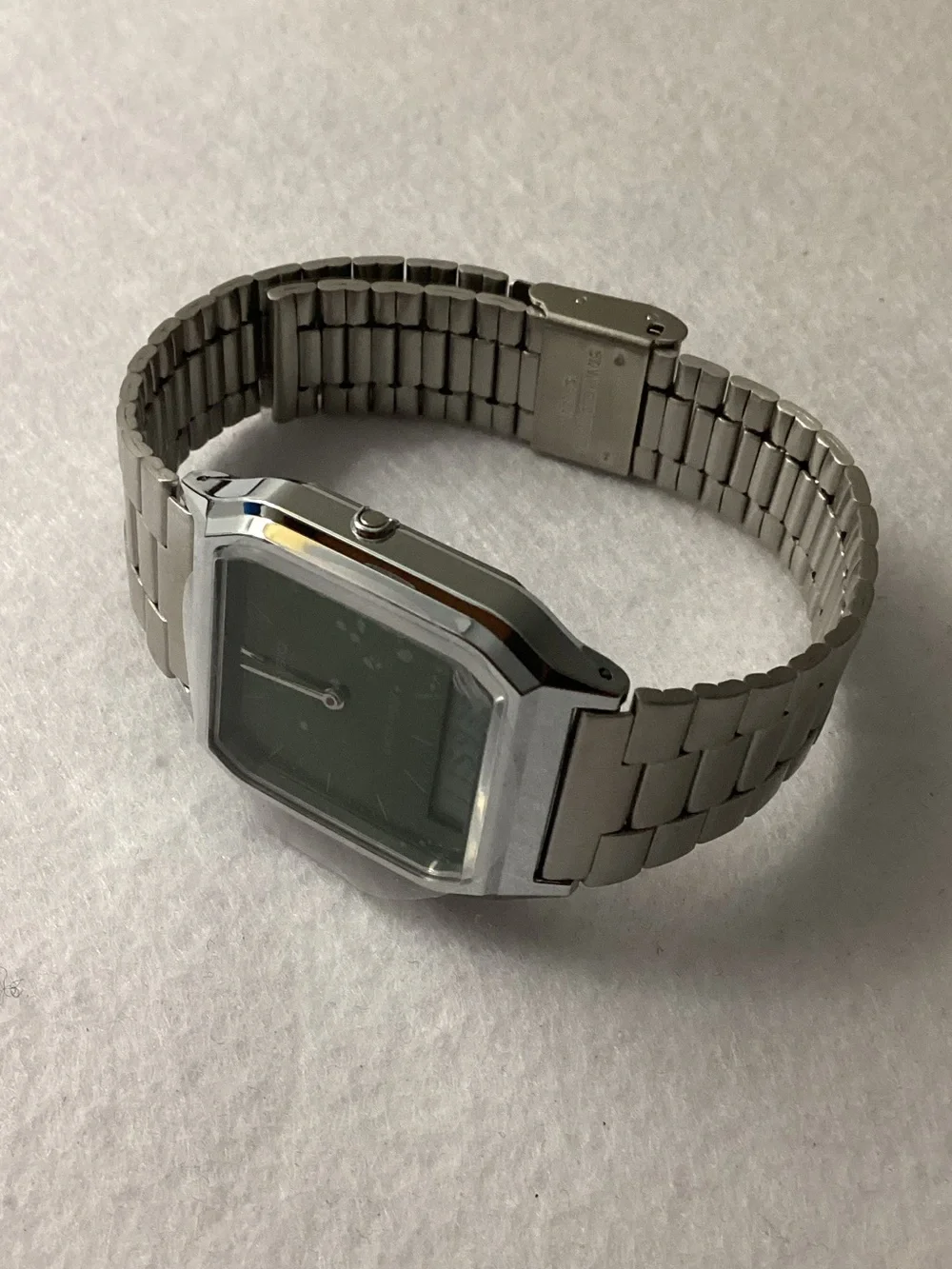 Casio Silver Watch with Green Dial and Stainless Bracelet